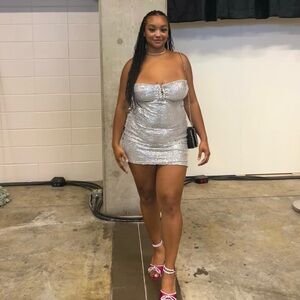 Silver sequins sparkly lace up strapless mini dress